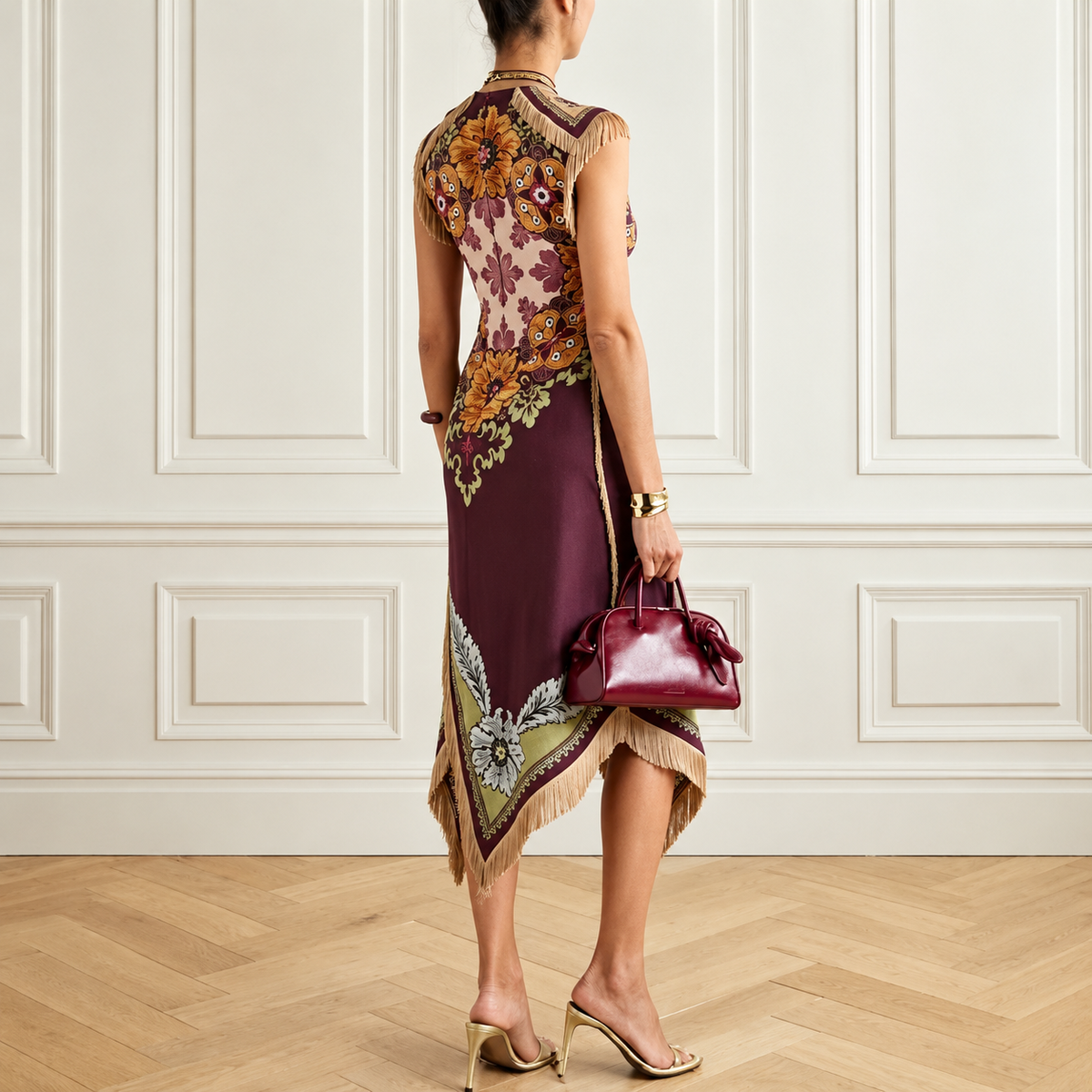 Luisa | Vestido Midi Estampado Étnico con Flecos
