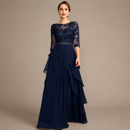 Eugenia | Vestido Largo de Fiesta Azul Marino con Encaje y Falda de Volantes