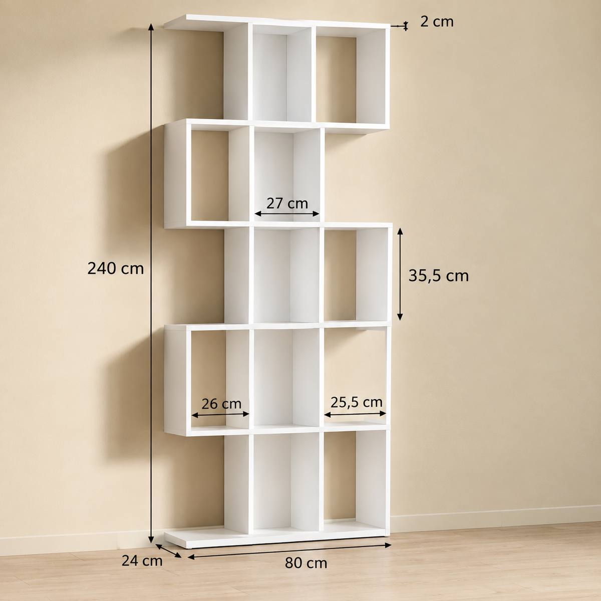 Valencia | Estantería de 5 Niveles, Biblioteca Estrecha, Librería en Forma de S, para Salón, Dormitorio, Estudio, Oficina, 80x24x200 cm