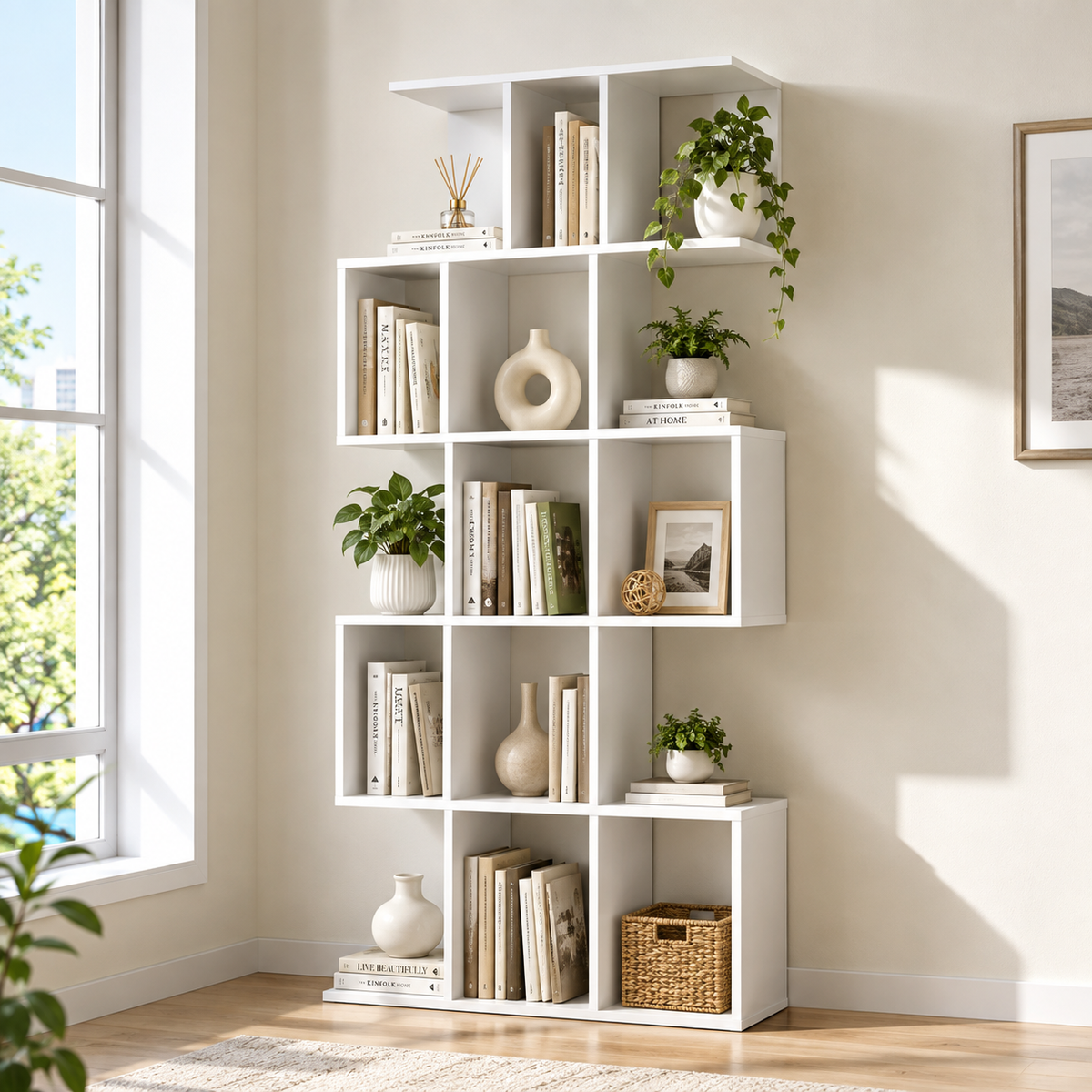 Valencia | Estantería de 5 Niveles, Biblioteca Estrecha, Librería en Forma de S, para Salón, Dormitorio, Estudio, Oficina, 80x24x200 cm