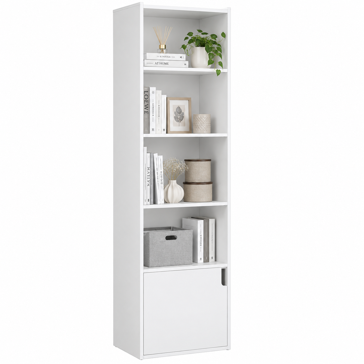 Asturias | Estantería Estrecha con 5 Compartimentos y Puerta, Estante de Madera para Sala de Estar, Oficina o Dormitorio, 34 x 24 x 132 cm