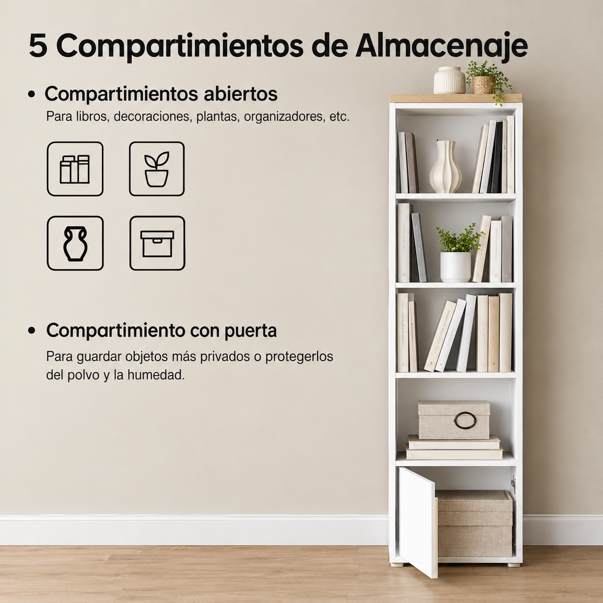 Asturias | Estantería Estrecha con 5 Compartimentos y Puerta, Estante de Madera para Sala de Estar, Oficina o Dormitorio, 34 x 24 x 132 cm