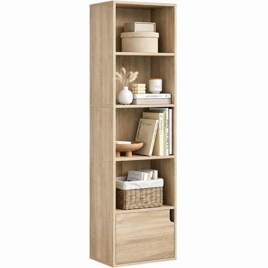 Asturias | Estantería Estrecha con 5 Compartimentos y Puerta, Estante de Madera para Sala de Estar, Oficina o Dormitorio, 34 x 24 x 132 cm