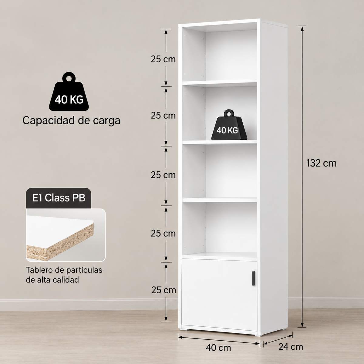 Asturias | Estantería Estrecha con 5 Compartimentos y Puerta, Estante de Madera para Sala de Estar, Oficina o Dormitorio, 34 x 24 x 132 cm