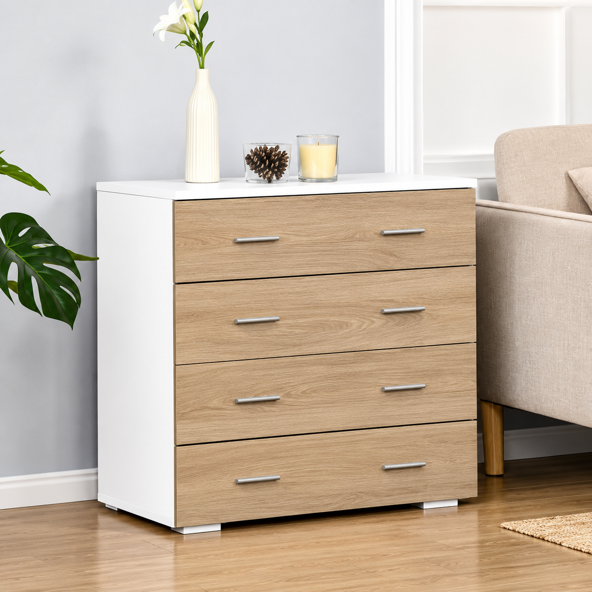 Madrid | Mueble práctico de almacenamiento estilo contemporáneo 4 cajones 76x35x72 cm color blanco y madera