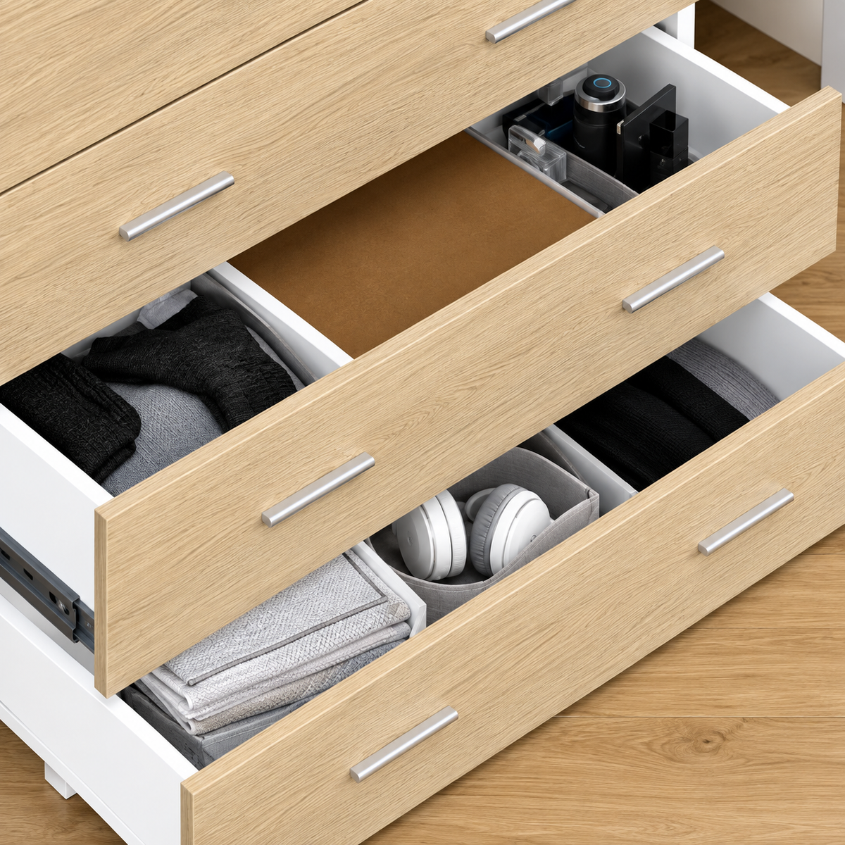 Madrid | Mueble práctico de almacenamiento estilo contemporáneo 4 cajones 76x35x72 cm color blanco y madera