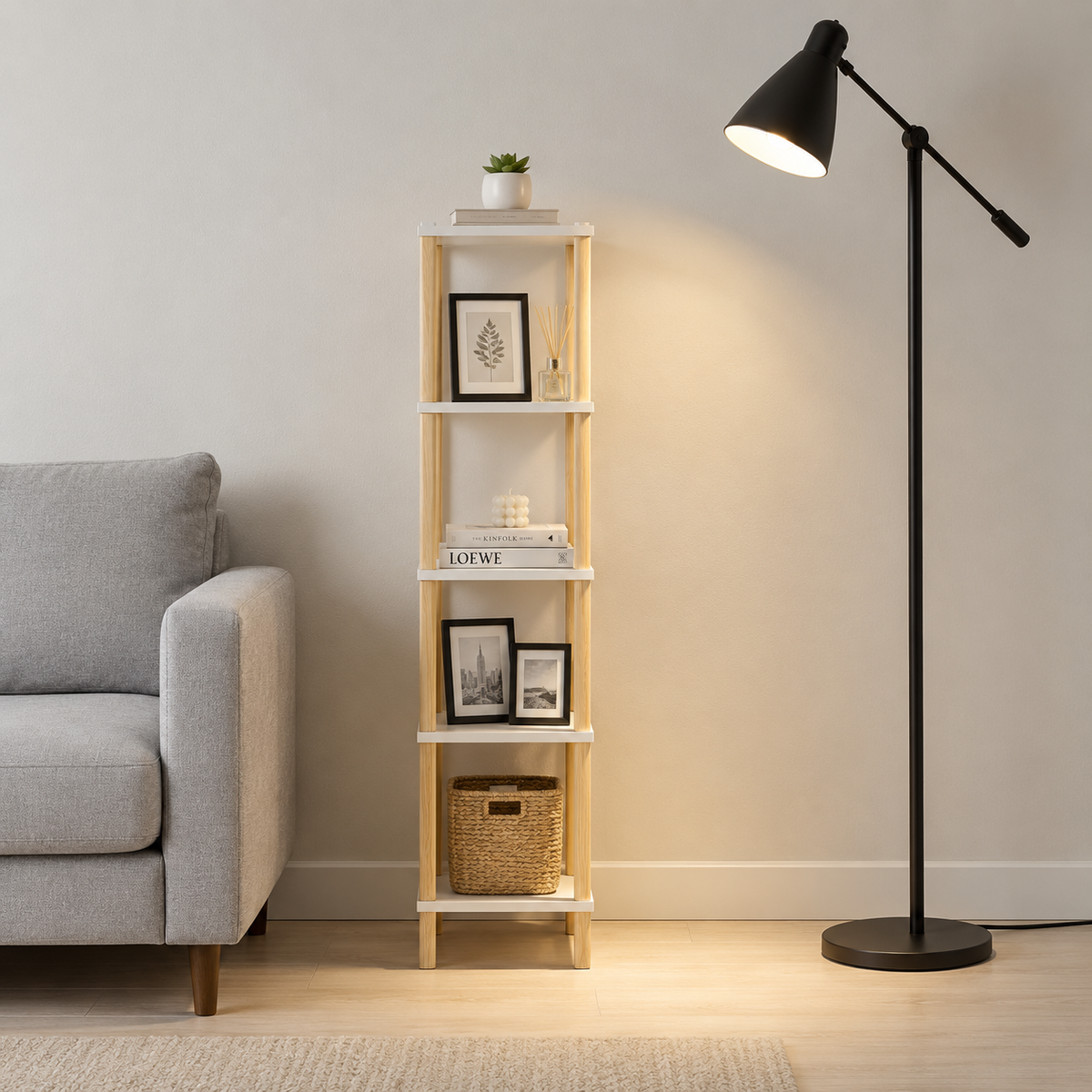 Ibiza | Estantería Estrecha Nórdica en Blanco y Madera, 138 cm
