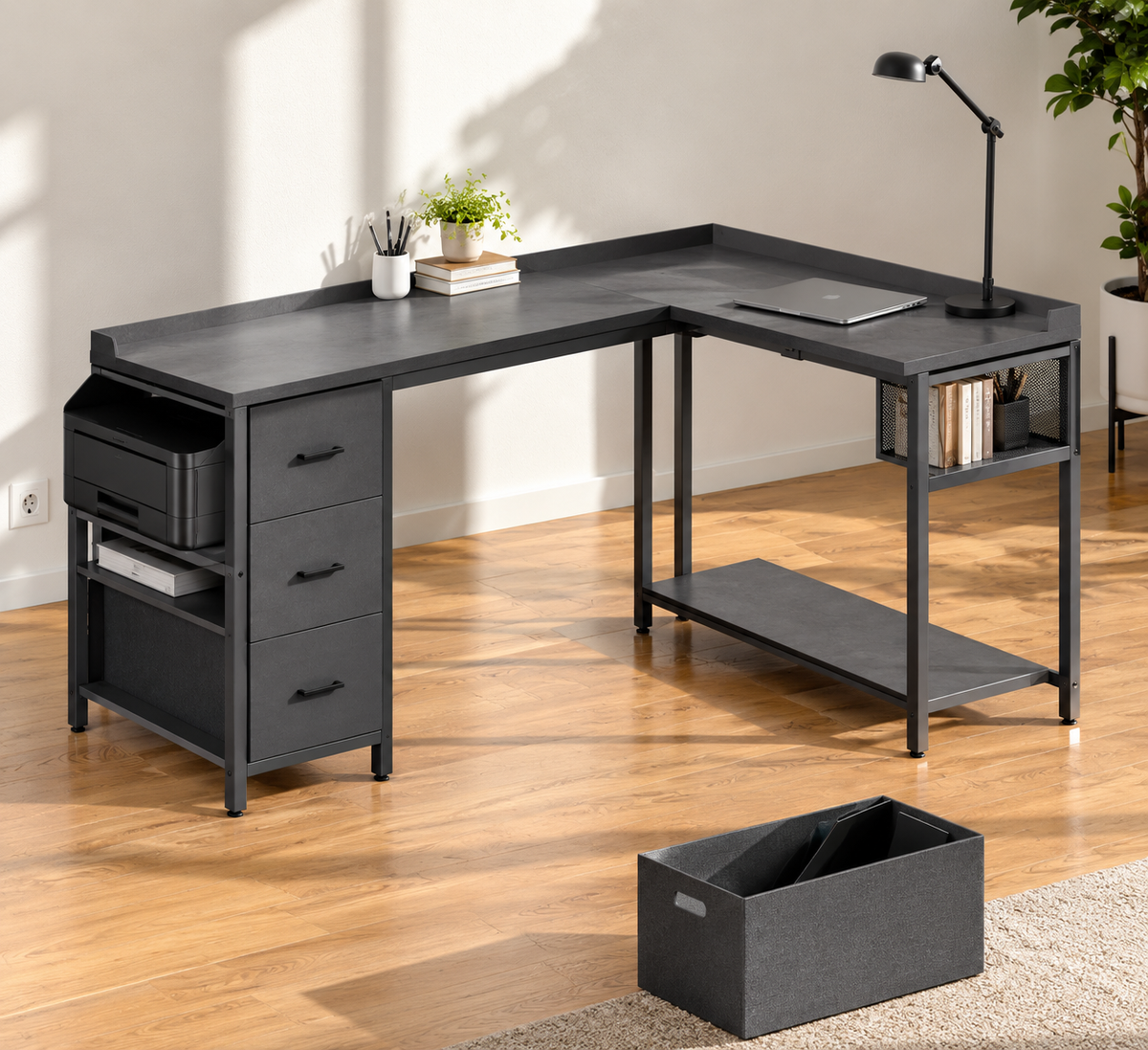 Soria | escritorio esquinero para oficina con 3 cajones de tela, escritorio en forma de L con bolsillo lateral, mesa para PC para juegos de oficina