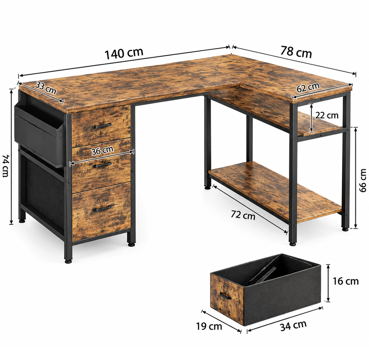 Soria | escritorio esquinero para oficina con 3 cajones de tela, escritorio en forma de L con bolsillo lateral, mesa para PC para juegos de oficina