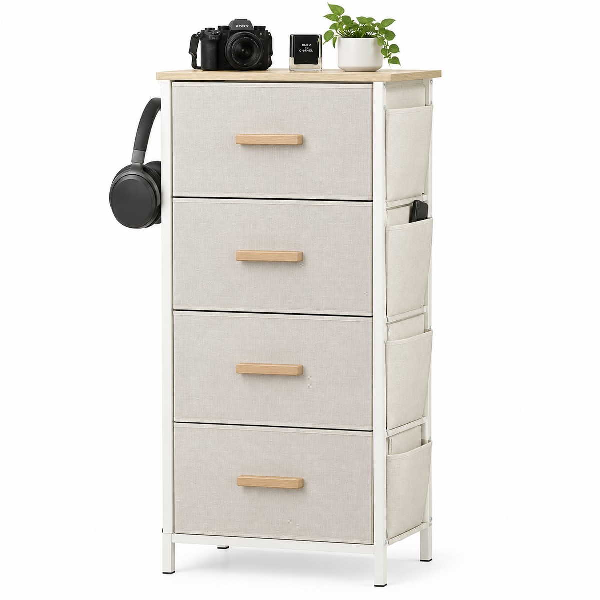 Almería | Cómoda de 4 cajones en tela, mueble de almacenaje con 4 bolsillos y 2 ganchos