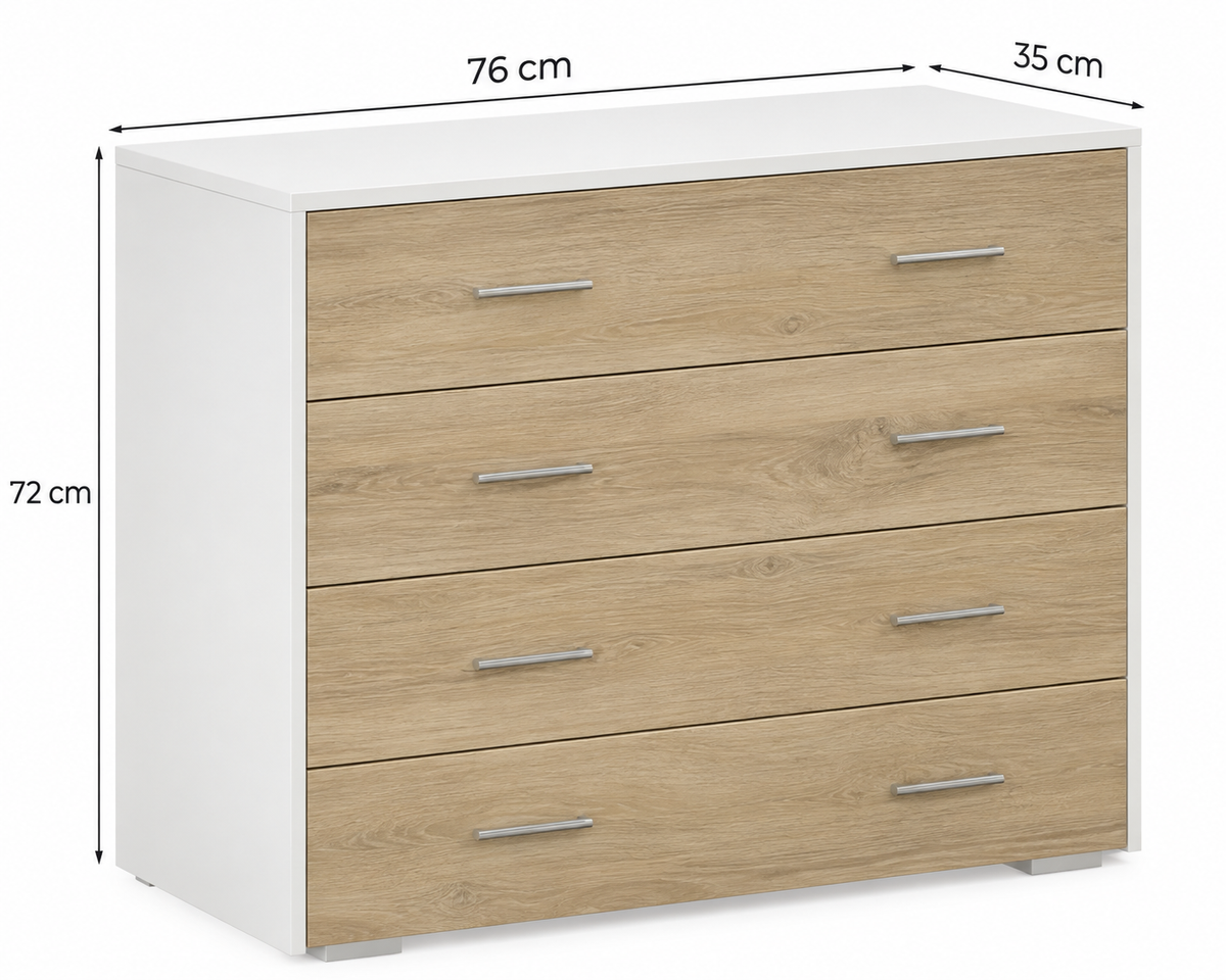 Madrid | Mueble práctico de almacenamiento estilo contemporáneo 4 cajones 76x35x72 cm color blanco y madera
