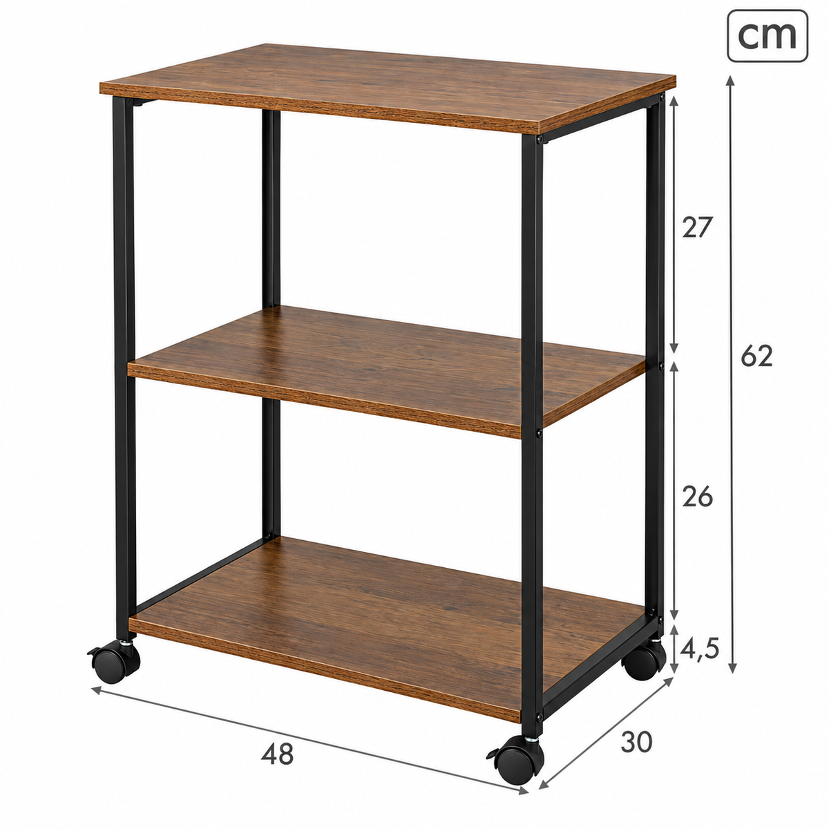 Castellón | Estantería madera con ruedas, almacenaje inteligente, 3 estantes, 48x30x62 cm, acero y MDF resistentes, muebles de salón, estanterías decorativas, decoración hogar, montaje sencillo