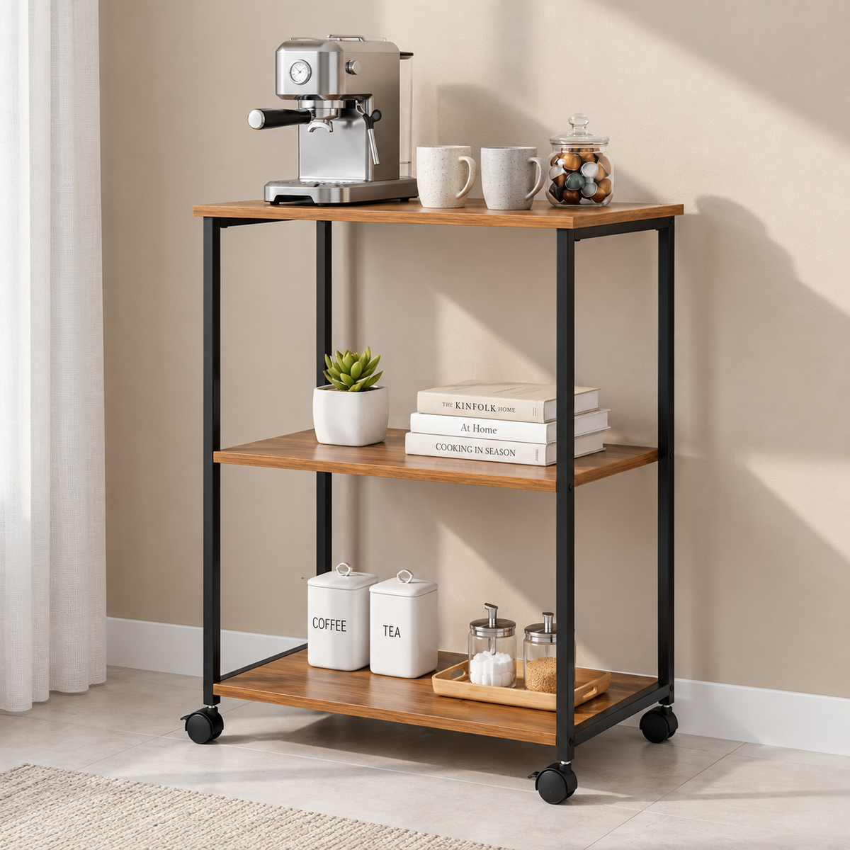 Castellón | Estantería madera con ruedas, almacenaje inteligente, 3 estantes, 48x30x62 cm, acero y MDF resistentes, muebles de salón, estanterías decorativas, decoración hogar, montaje sencillo