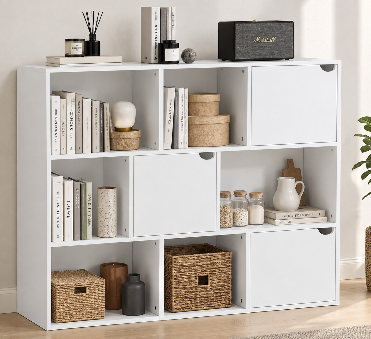 Oviedo | Estantería de almacenamiento con 9 cubos, 3 puertas y 6 compartimentos abiertos, estilo moderno, mueble de almacenamiento para salón, escritorio, dormitorio, 106x24x95 cm, Blanco
