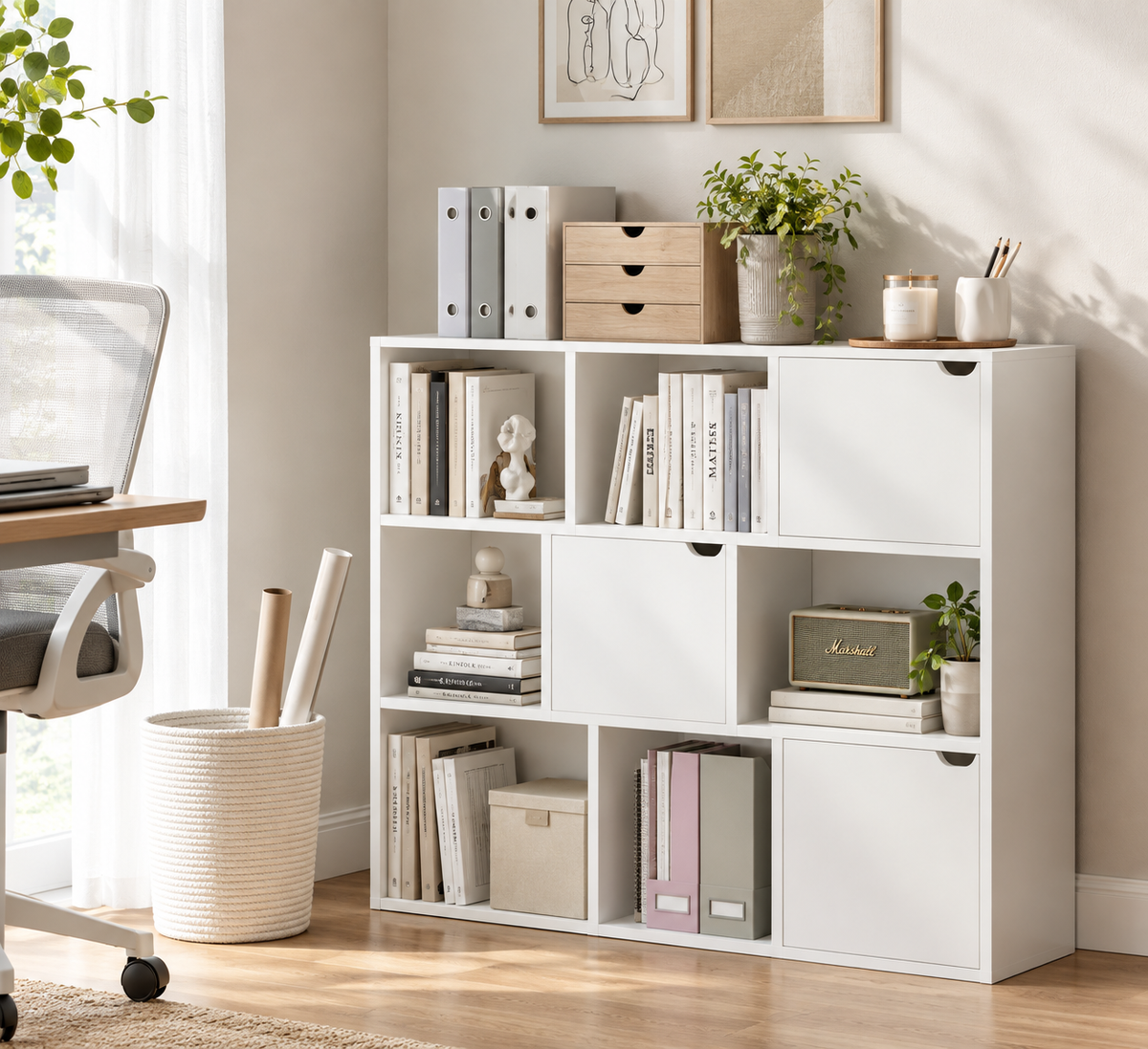 Oviedo | Estantería de almacenamiento con 9 cubos, 3 puertas y 6 compartimentos abiertos, estilo moderno, mueble de almacenamiento para salón, escritorio, dormitorio, 106x24x95 cm, Blanco