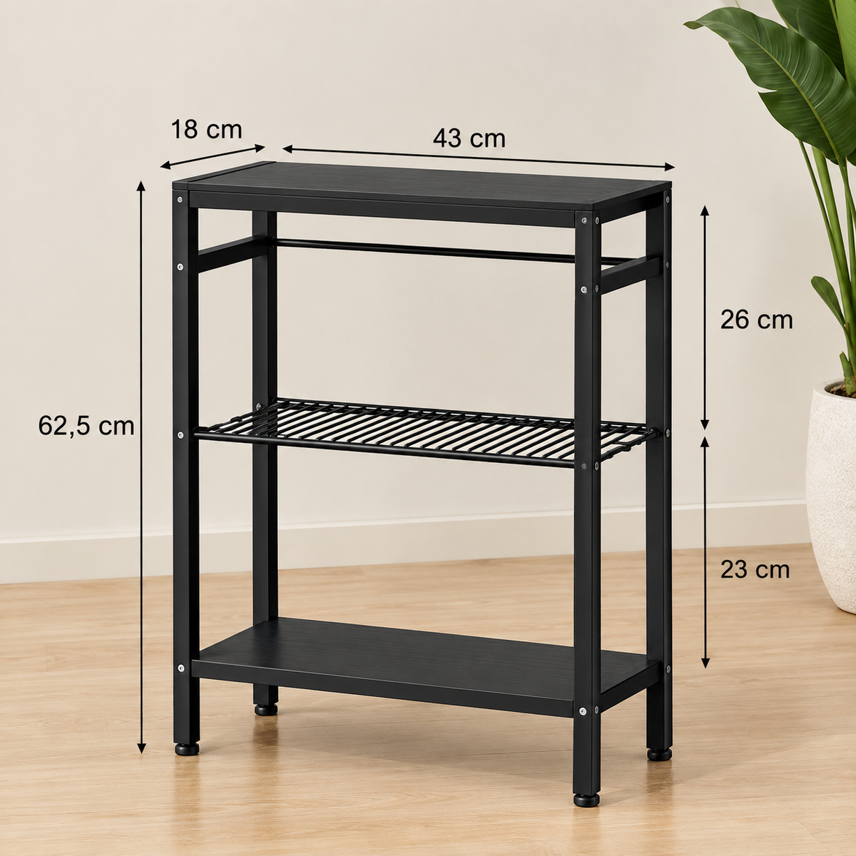 Vigo | Mesa Auxiliar Estrecha de 3 Niveles con Estantes Abiertos y Estructura de Acero para Salón Dormitorio 43x18x62,5cm