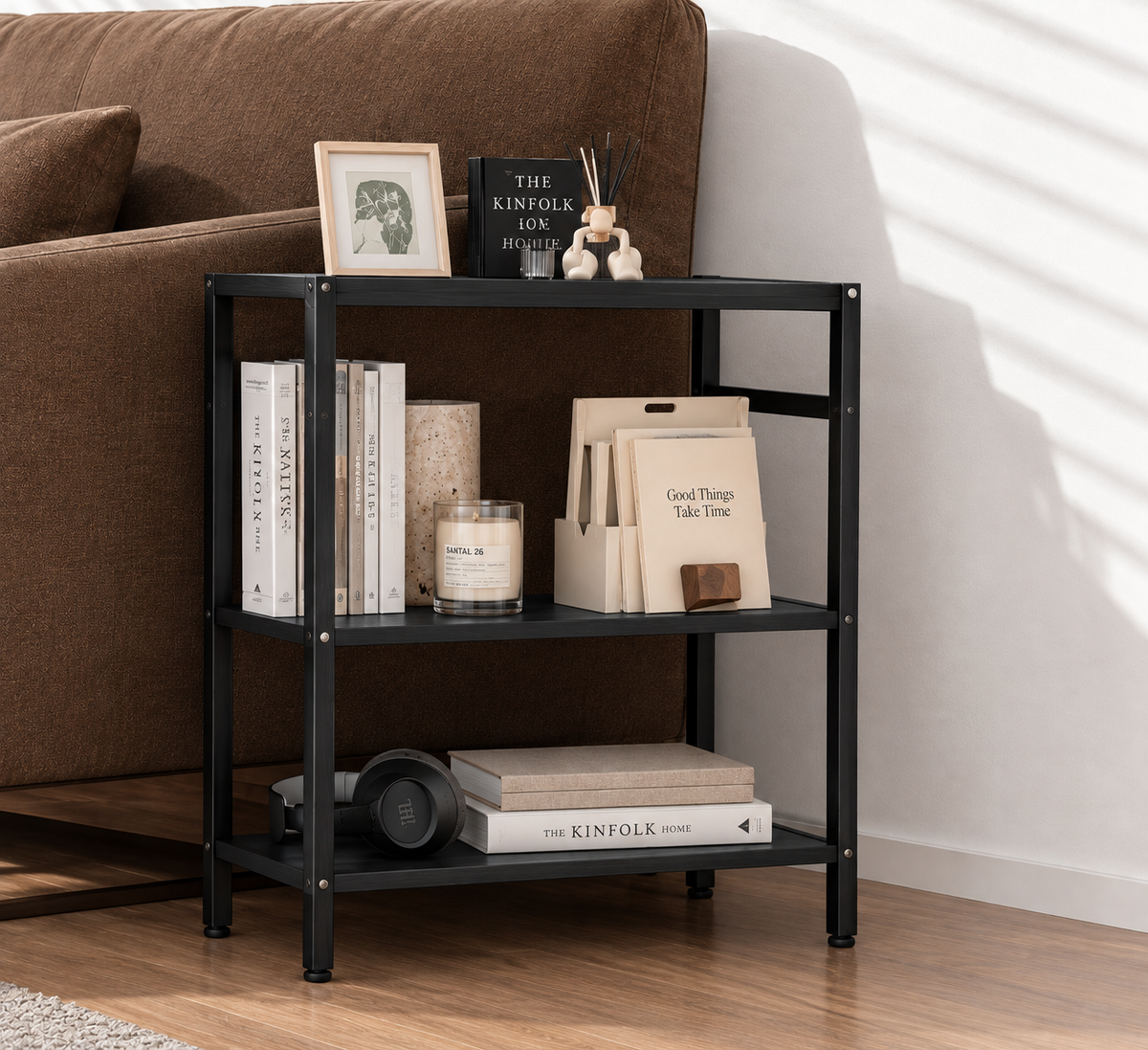 Vigo | Mesa Auxiliar Estrecha de 3 Niveles con Estantes Abiertos y Estructura de Acero para Salón Dormitorio 43x18x62,5cm