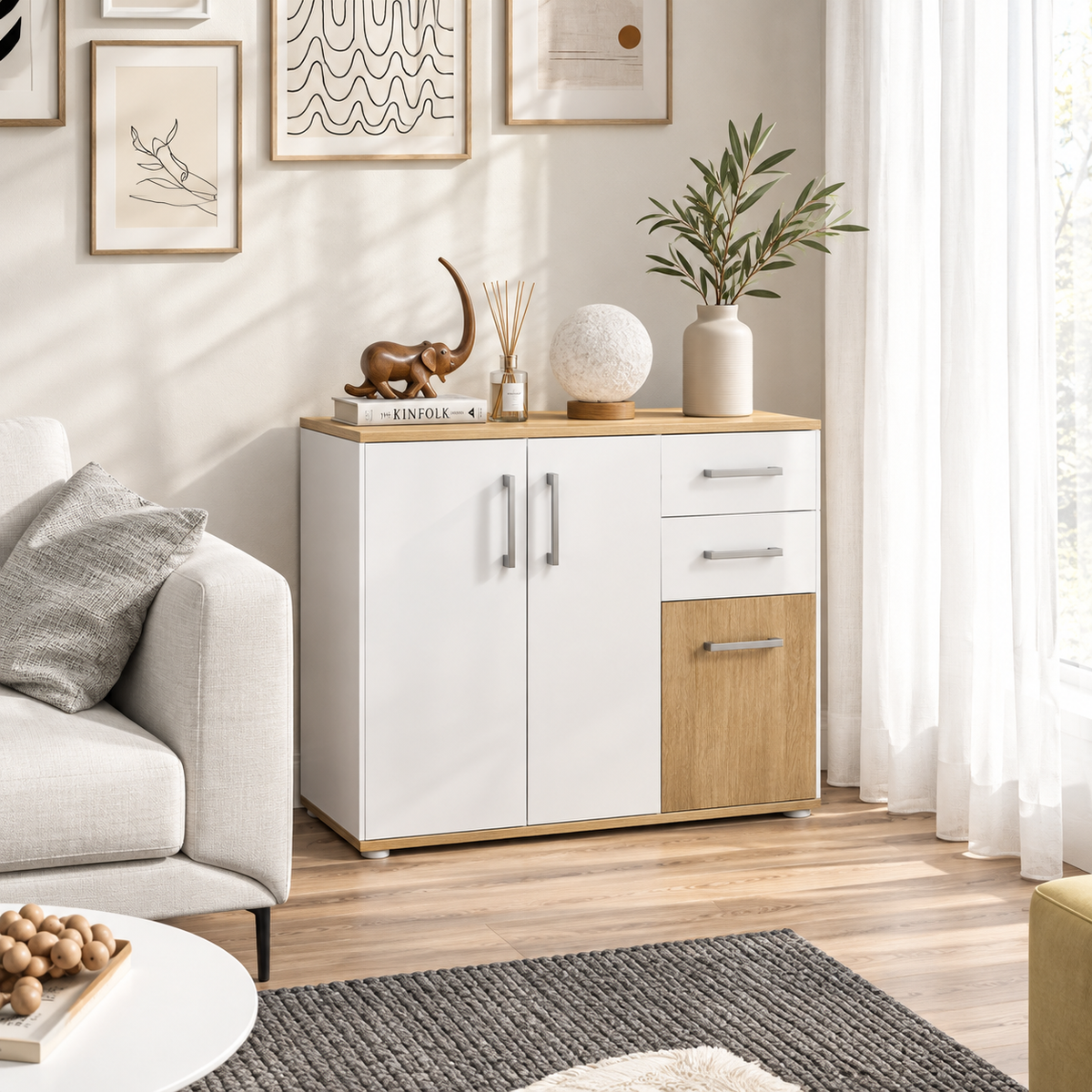 Lugo | Aparador de Salón Moderno con 2 Cajones 90x30x75,5 cm Blanco y Natural