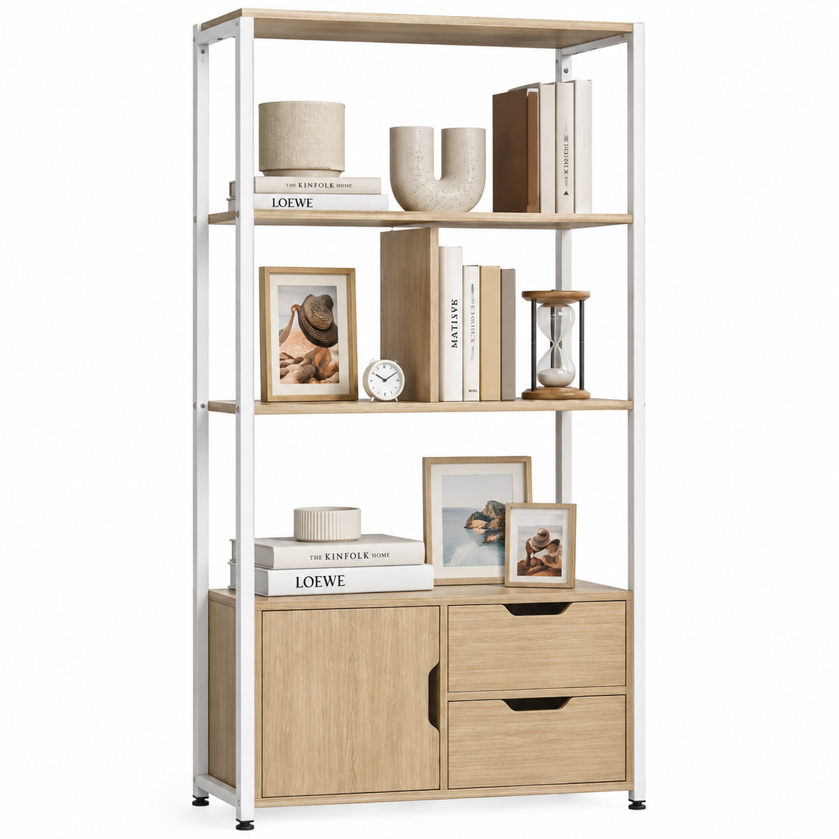 Huesca | Librería Estantería para Libros con Estantes Cajones y Puerta 58x24x122 cm Estilo Industrial Blanco y Madera Natural