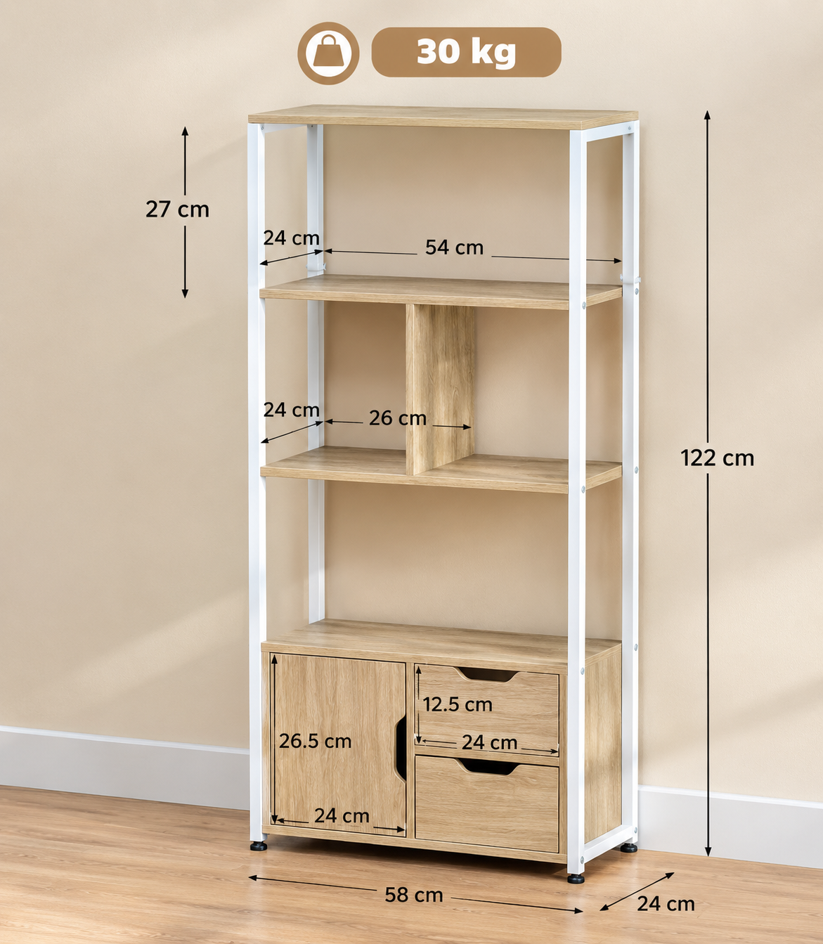 Huesca | Librería Estantería para Libros con Estantes Cajones y Puerta 58x24x122 cm Estilo Industrial Blanco y Madera Natural