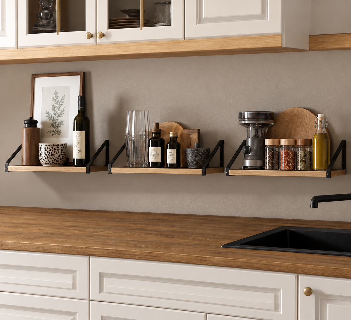Rioja | Baldas Pared, Estantería de Pared de 3 Niveles, Estante Pared de Madera, para Dormitorio, Sala de Estar, Estudio, la Sala de Estar, la Oficina en el Hogar