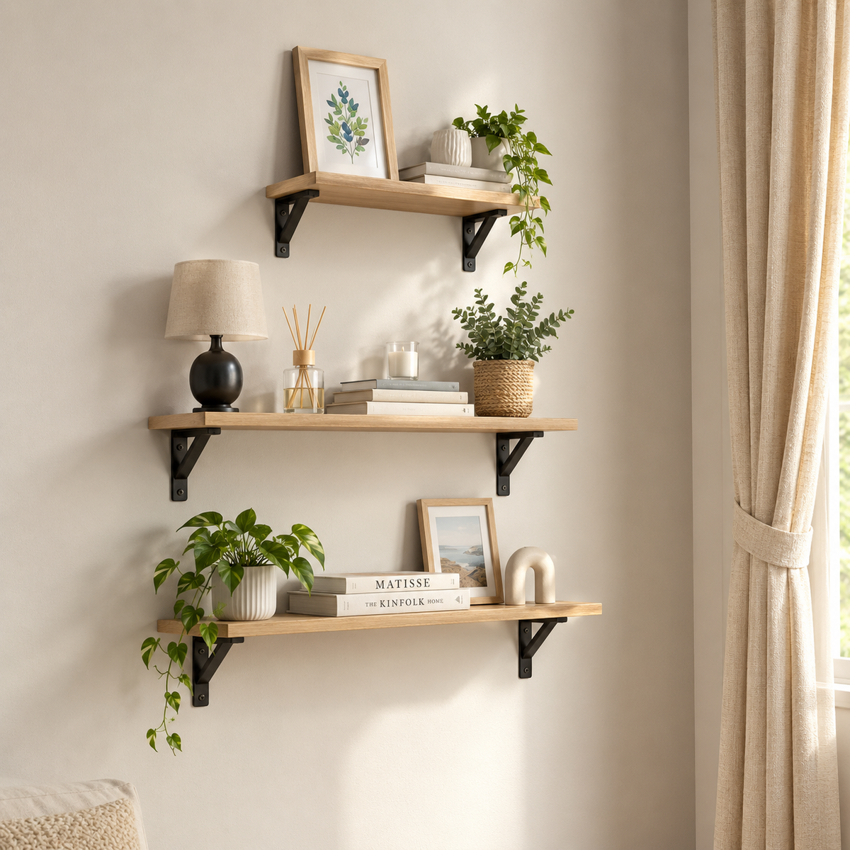 Rioja | Baldas Pared, Estantería de Pared de 3 Niveles, Estante Pared de Madera, para Dormitorio, Sala de Estar, Estudio, la Sala de Estar, la Oficina en el Hogar