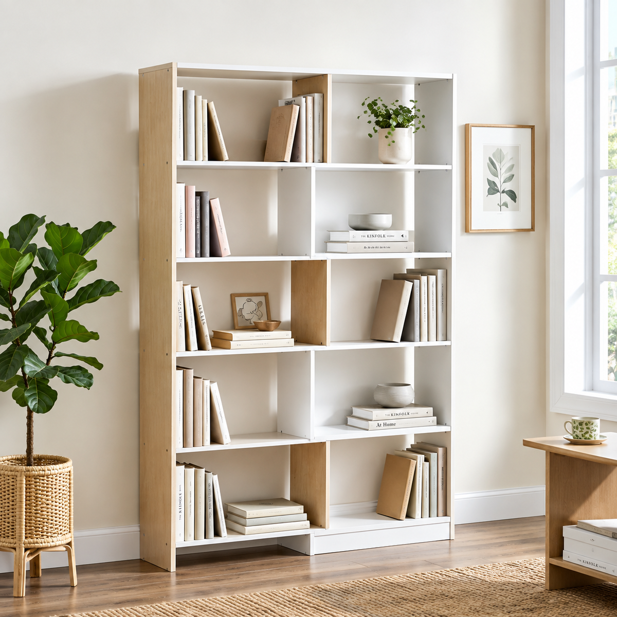 Jerez | Estantería Expandible 5 Niveles, Librería para Libros Giratoria 350°, Ancho Ajustable, Convertible en en L, Recta o Compacta para Salón, Dormitorio, Estudio 111,5x23,8x163,7 cm Natural y Blanco