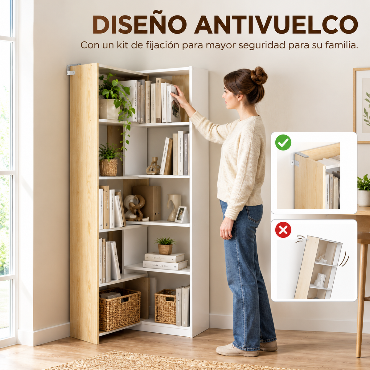 Jerez | Estantería Expandible 5 Niveles, Librería para Libros Giratoria 350°, Ancho Ajustable, Convertible en en L, Recta o Compacta para Salón, Dormitorio, Estudio 111,5x23,8x163,7 cm Natural y Blanco