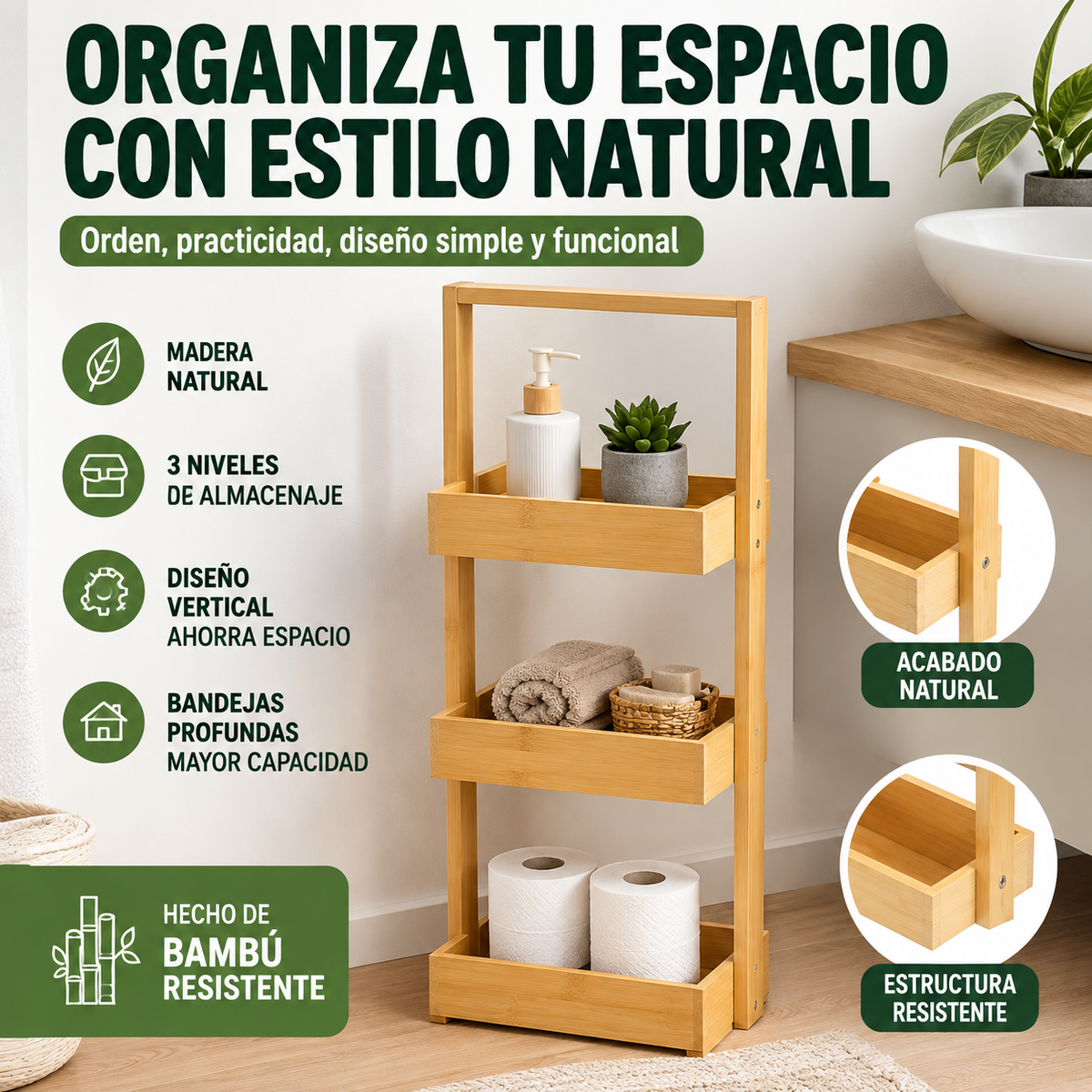 Tarragona | Estante Organizador de Bambú Natural con 3 Niveles y Asa Superior, Carrito de Almacenamiento Vertical para Baño, Cocina y Dormitorio, Mueble Auxiliar Compacto de 26x17x70 cm