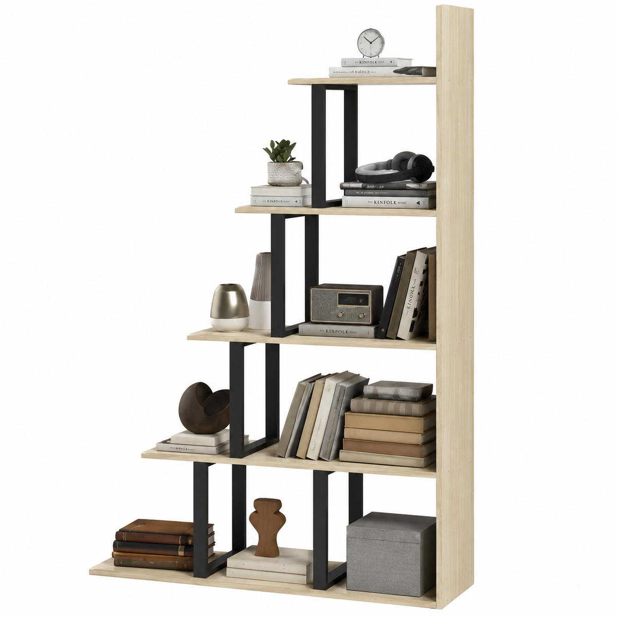 Cuenca | Estantería biblioteca estilo industrial separador de ambientes con escalera 5 estantes 102x30 x cm Color roble