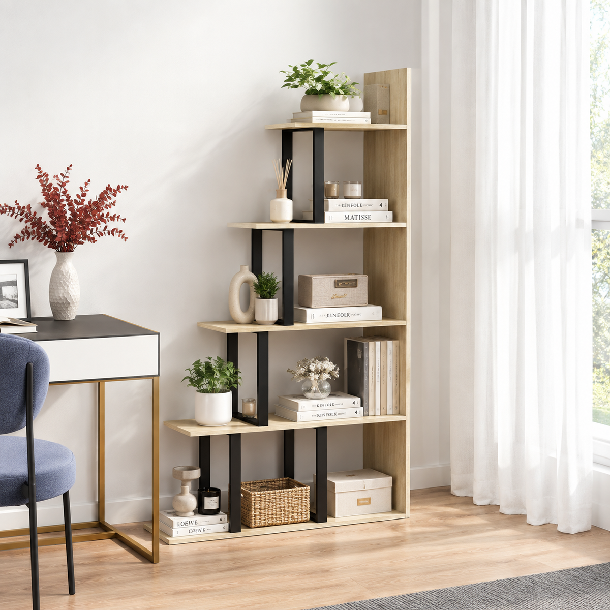 Cuenca | Estantería biblioteca estilo industrial separador de ambientes con escalera 5 estantes 102x30 x cm Color roble