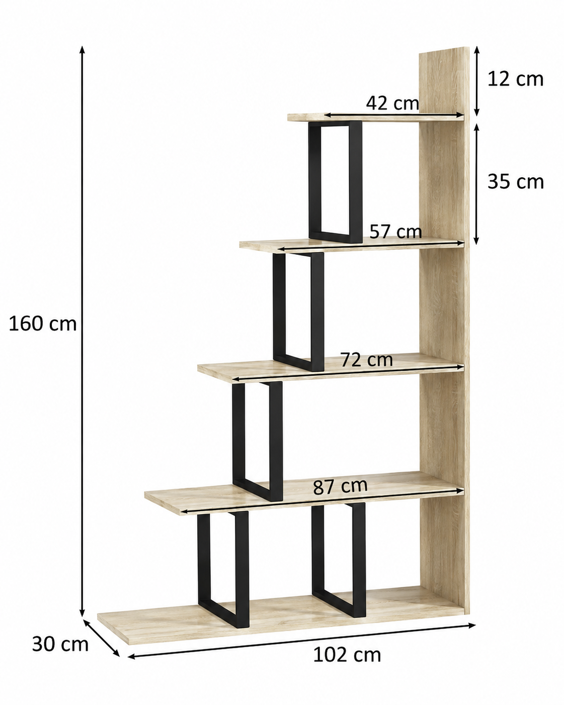 Cuenca | Estantería biblioteca estilo industrial separador de ambientes con escalera 5 estantes 102x30 x cm Color roble
