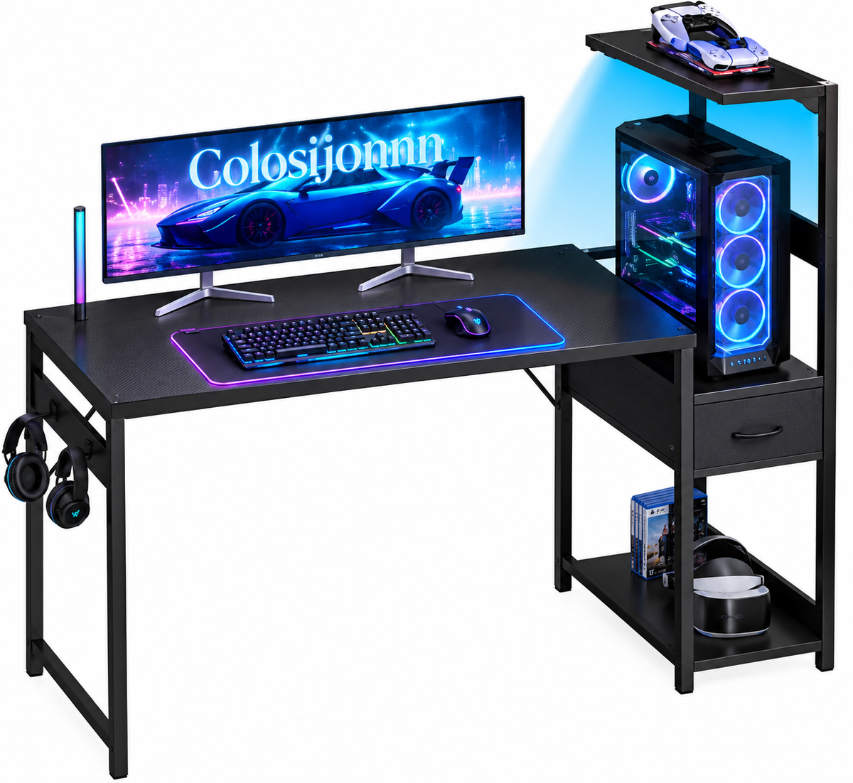 Badajoz | Mesa de juego con luces LED, escritorio de juego de 138×48 cm con cajones y estante
