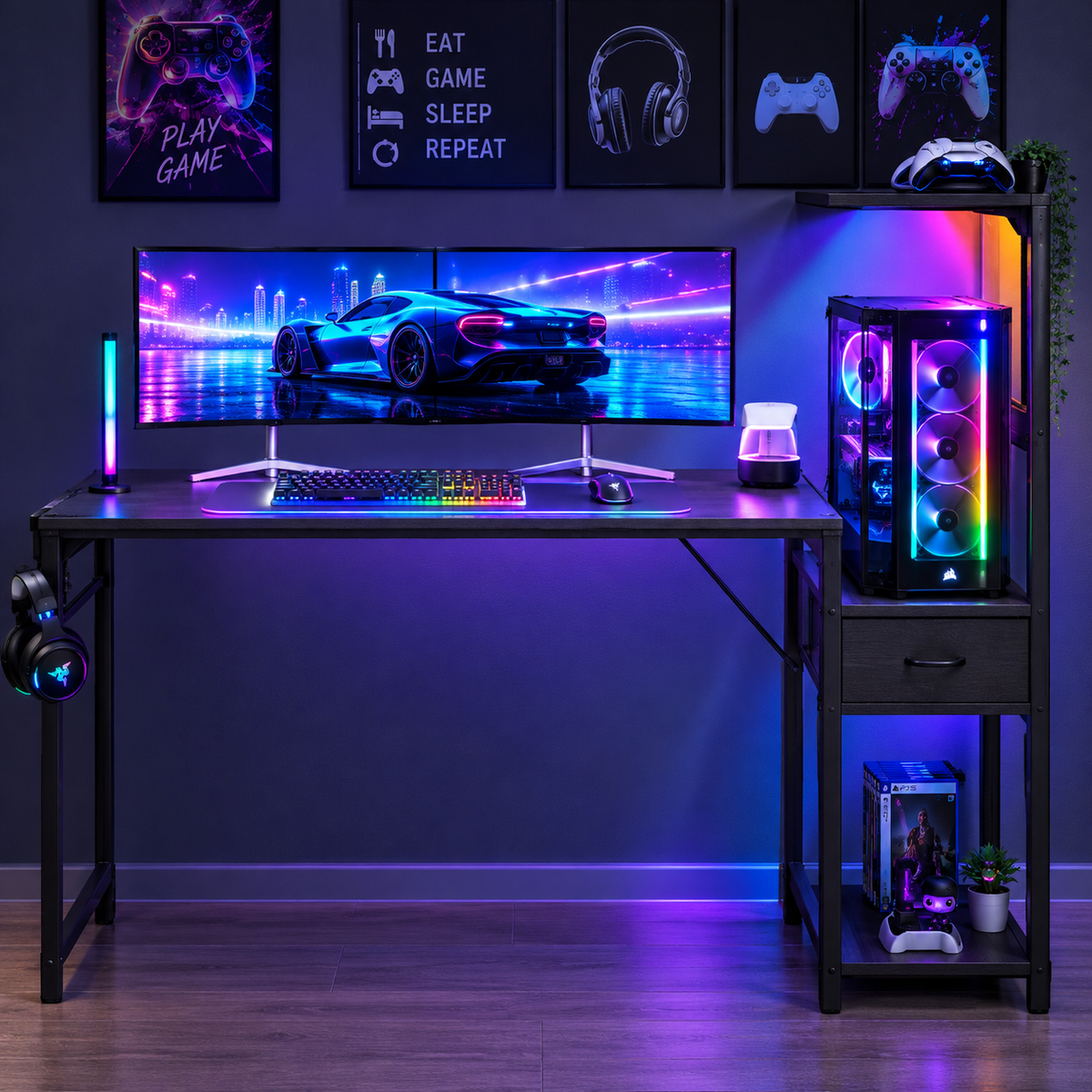 Badajoz | Mesa de juego con luces LED, escritorio de juego de 138×48 cm con cajones y estante