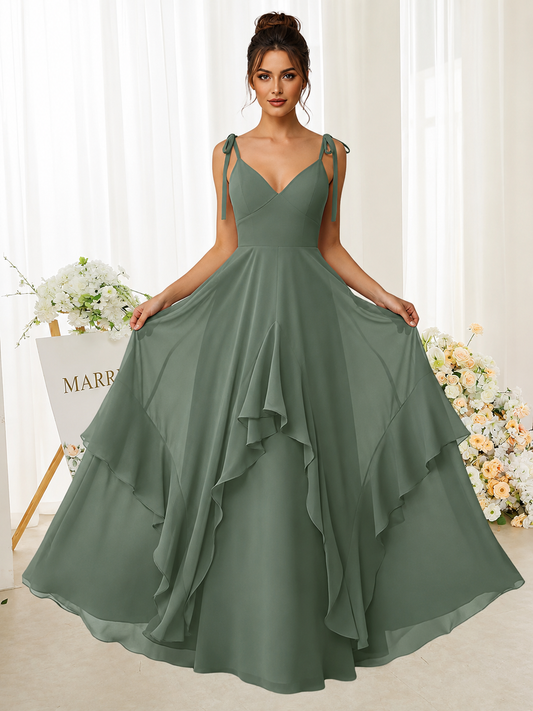 Joana | Vestido Largo Verde Salvia con Tirantes de Lazo y Falda Vaporosa