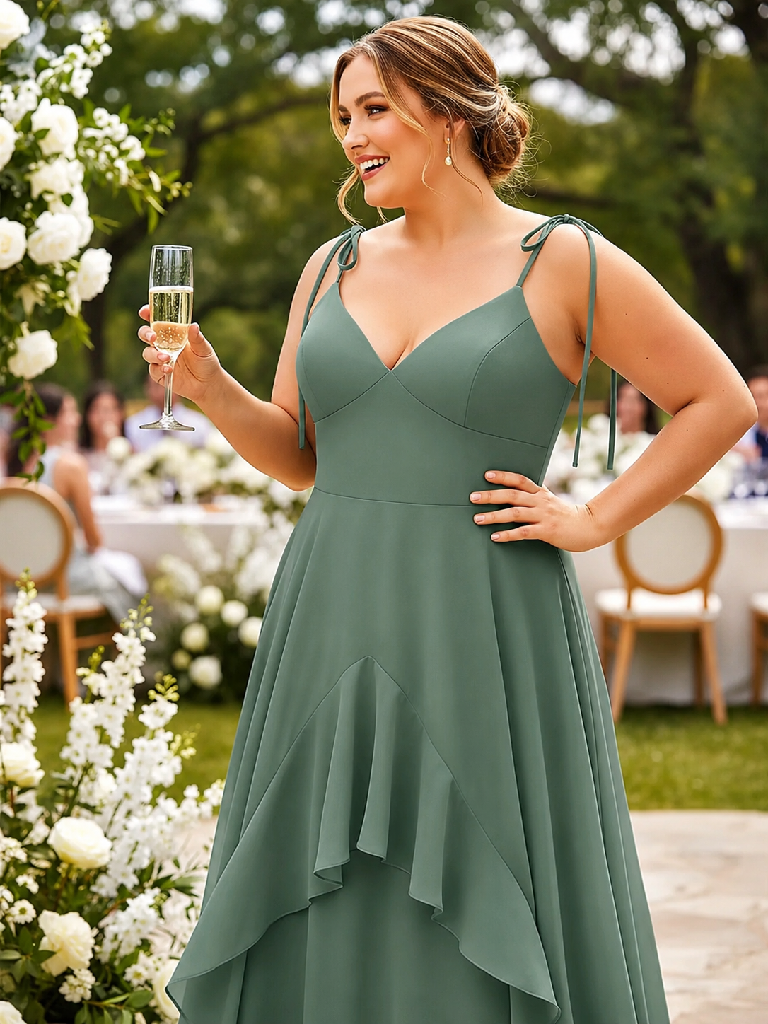 Joana | Vestido Largo Verde Salvia con Tirantes de Lazo y Falda Vaporosa