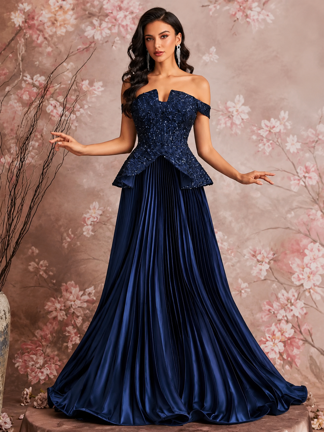 Hena | Vestido largo de fiesta escote palabra de honor con lentejuelas y falda plisada en azul marino