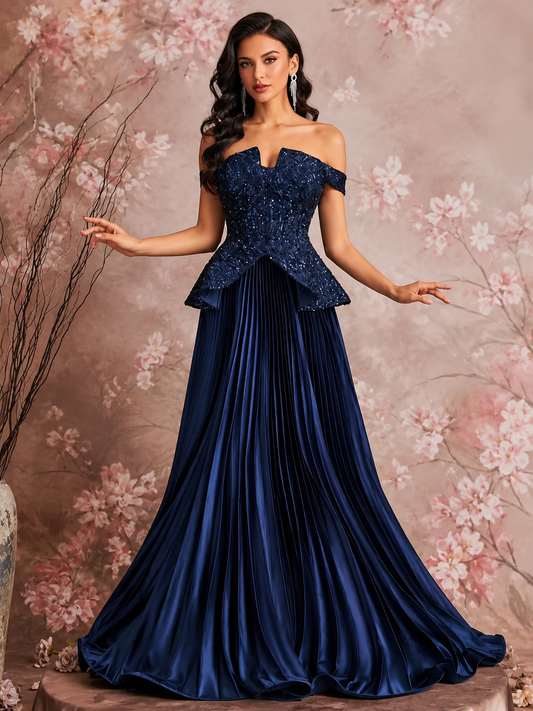 Hena | Vestido largo de fiesta escote palabra de honor con lentejuelas y falda plisada en azul marino