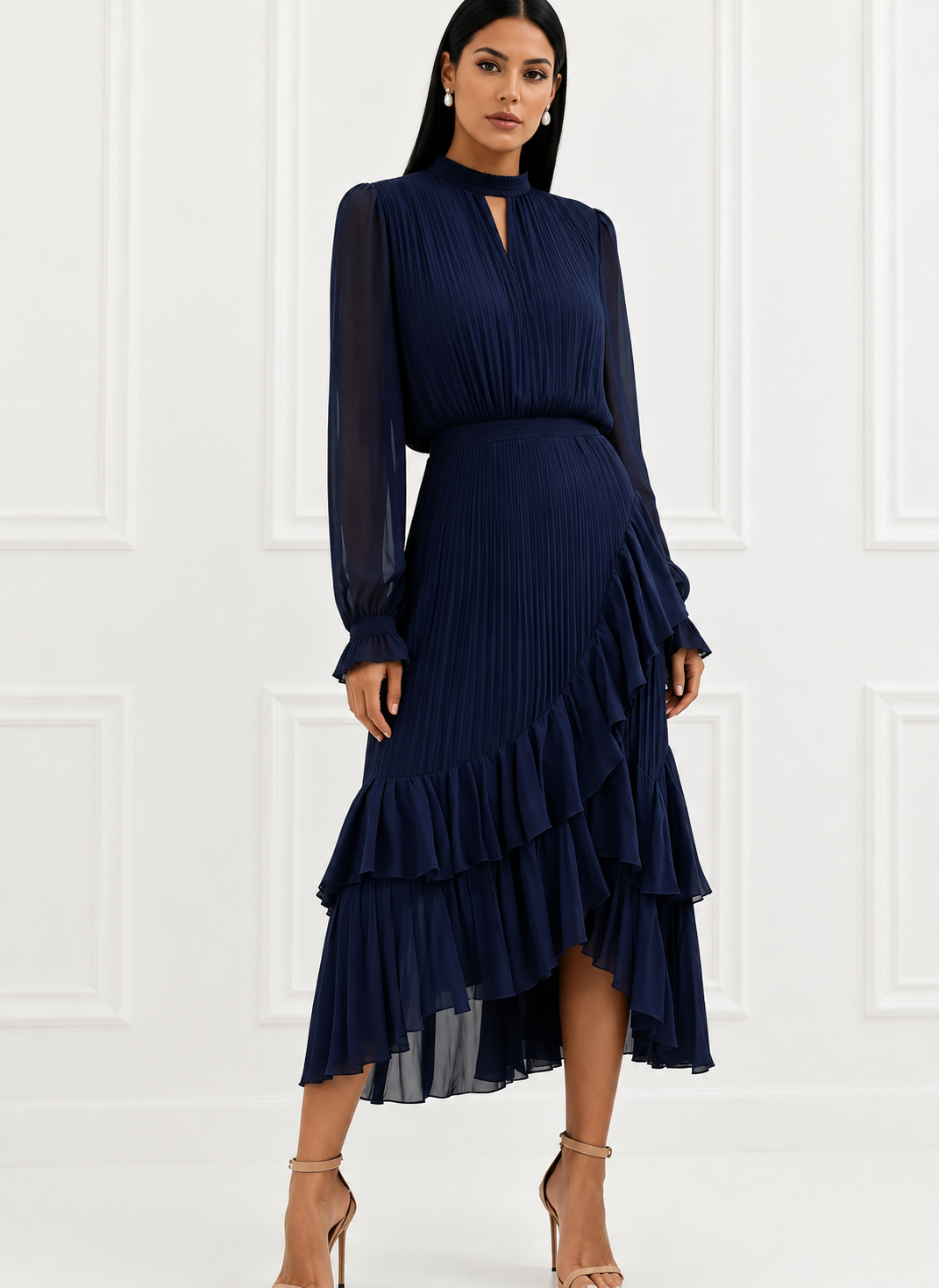 Almudena | Vestido midi plisado con cuello alto y falda de volantes asimétrica