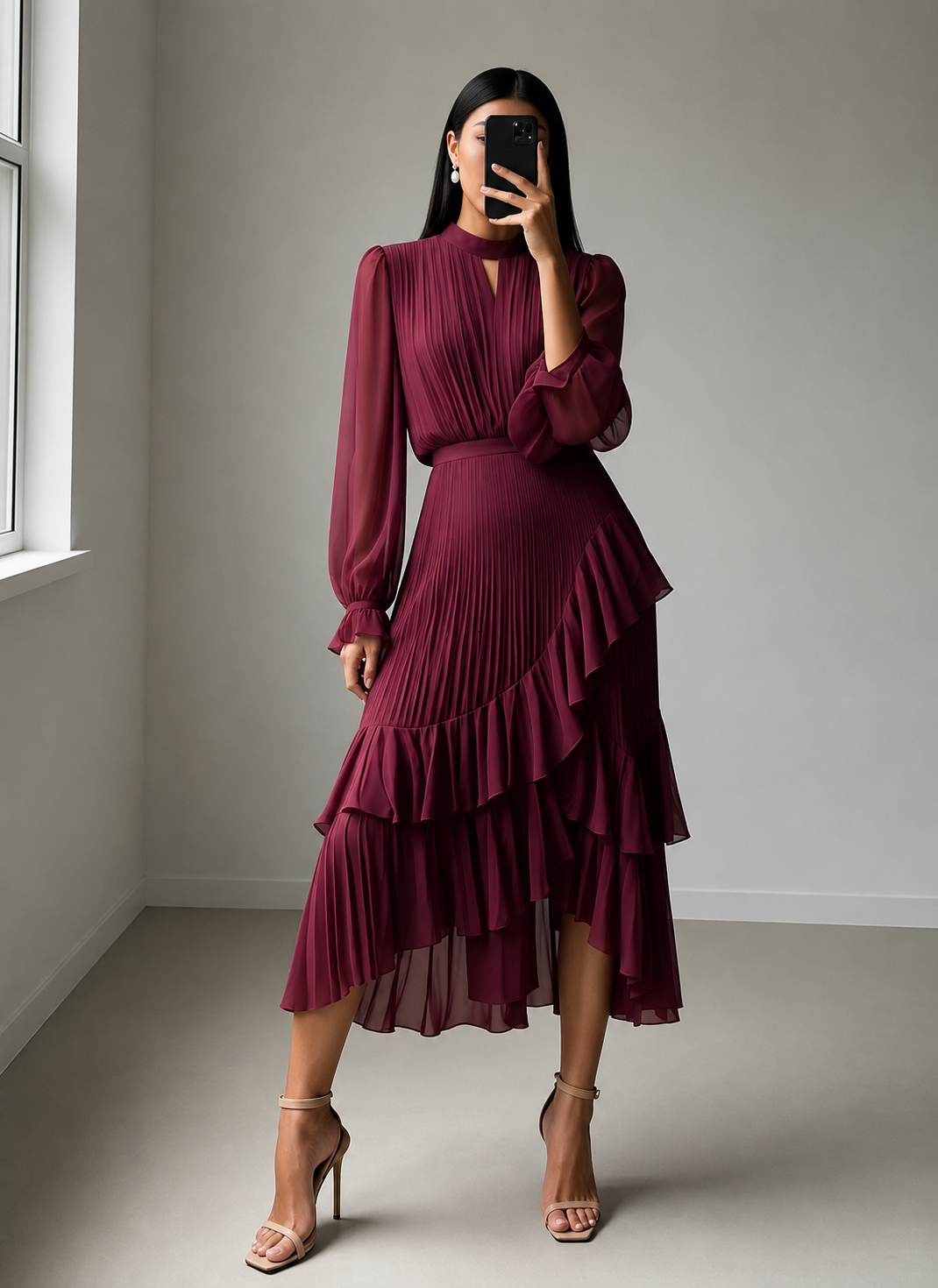 Almudena | Vestido midi plisado con cuello alto y falda de volantes asimétrica