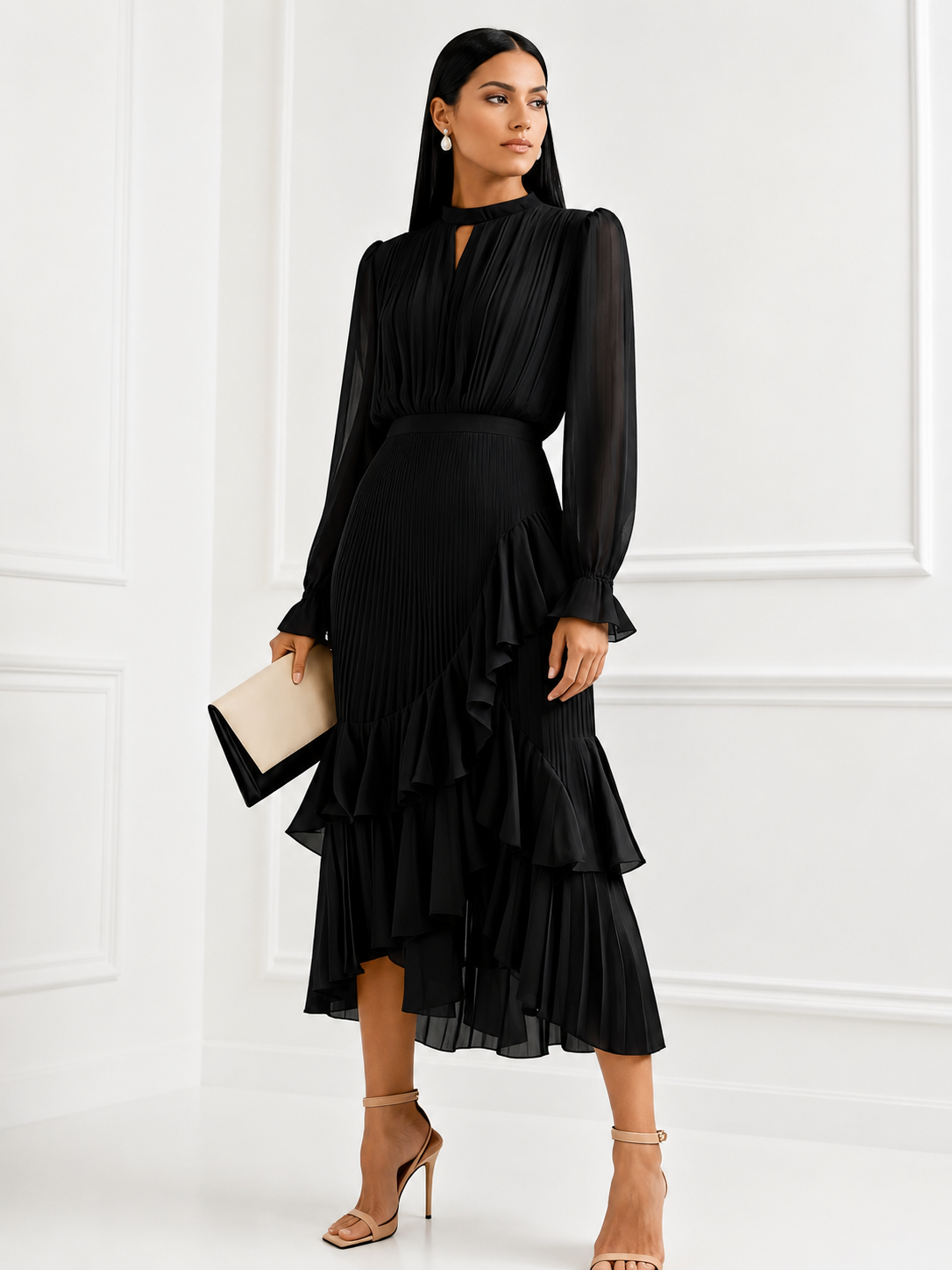 Almudena | Vestido midi plisado con cuello alto y falda de volantes asimétrica