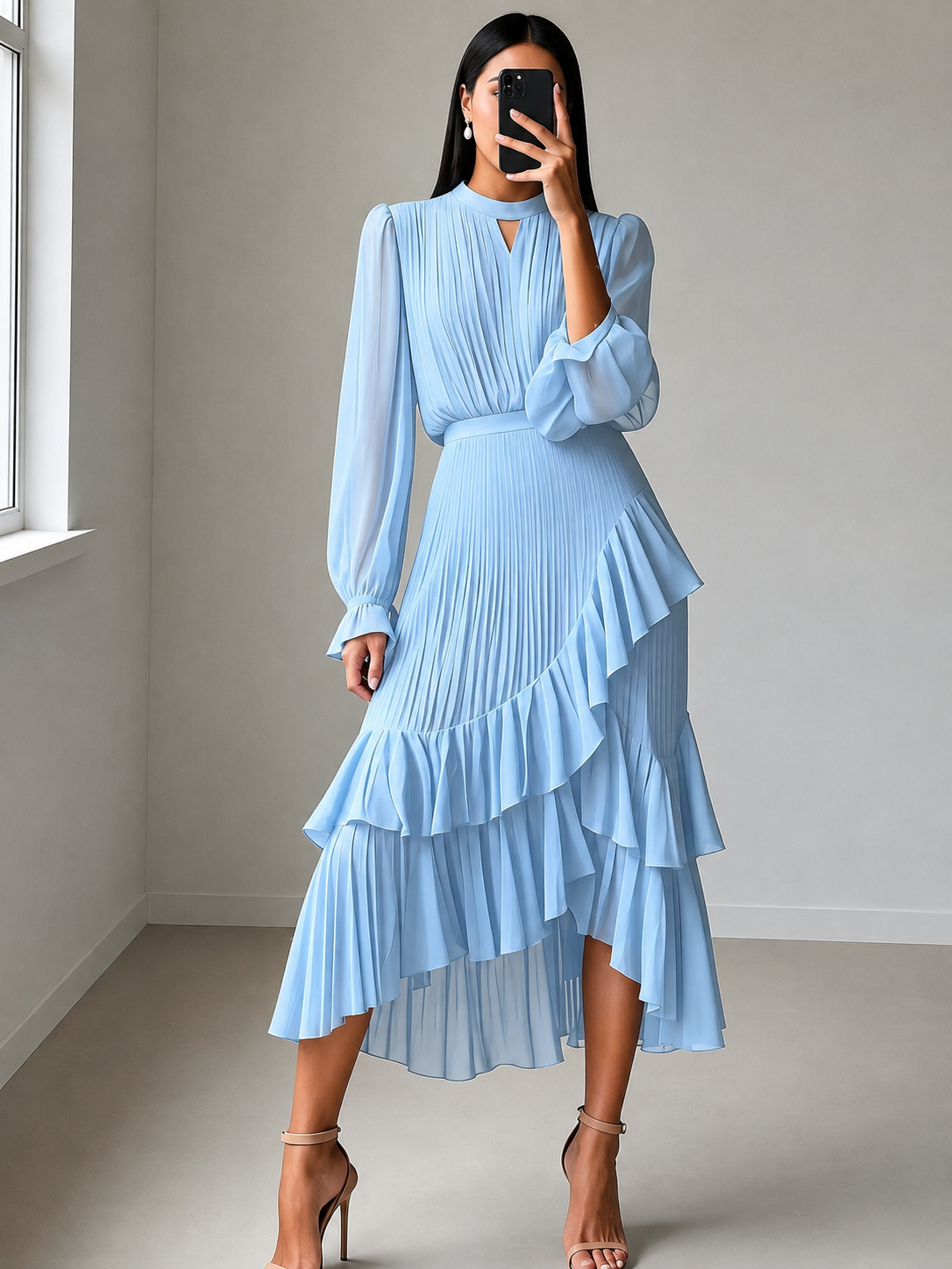 Almudena | Vestido midi plisado con cuello alto y falda de volantes asimétrica