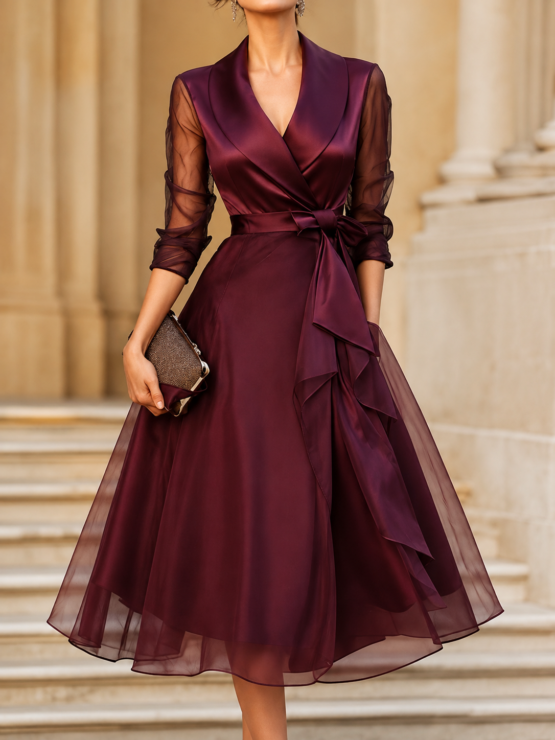 Dayana | Vestido midi cruzado en satén burdeos con mangas de tul y cinturón lazada