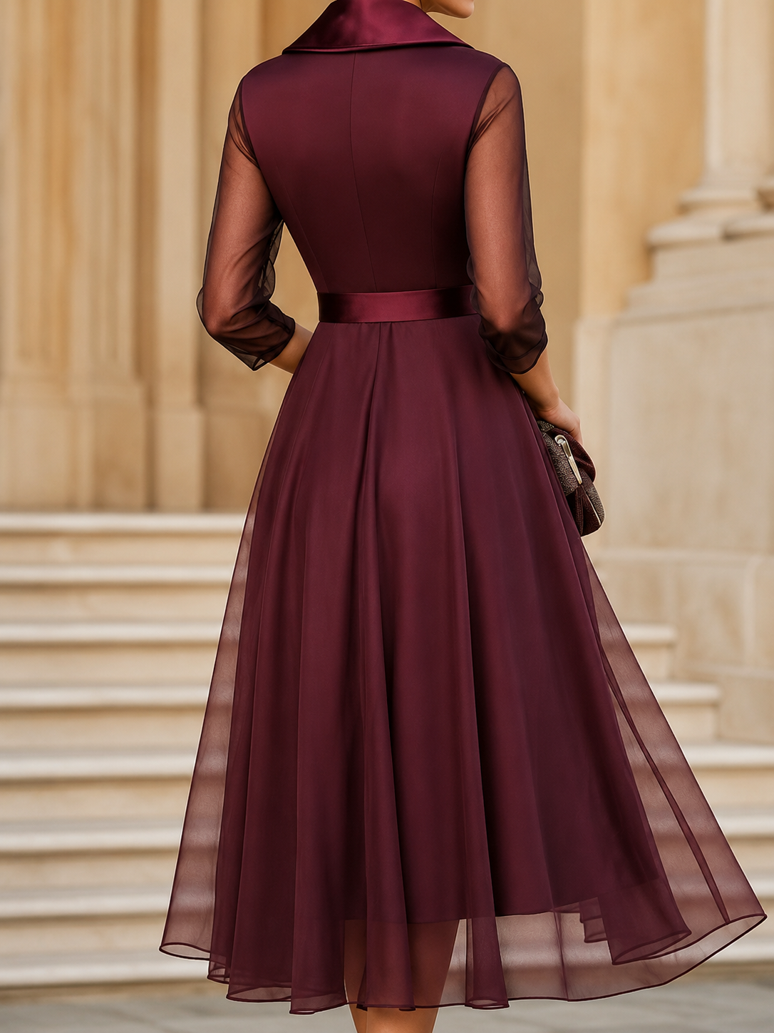 Dayana | Vestido midi cruzado en satén burdeos con mangas de tul y cinturón lazada