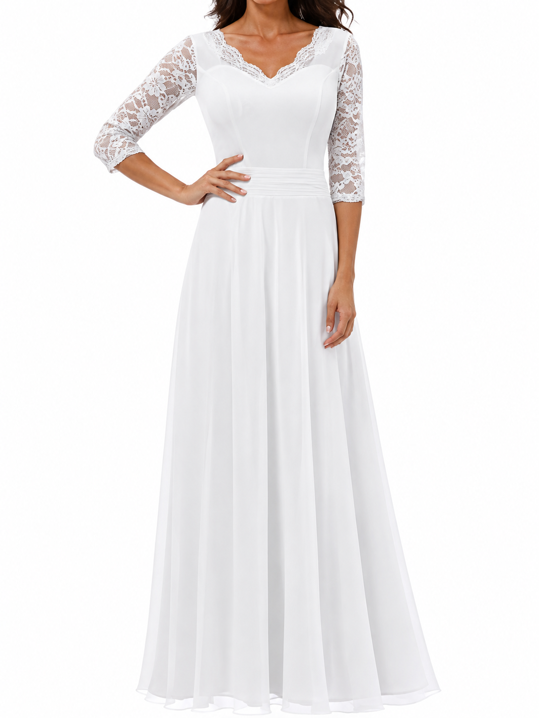 Marta | Vestido largo de novia con escote en V, encaje en las mangas y falda vaporosa