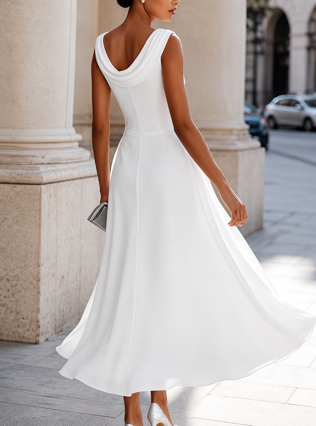 Paula | Vestido midi blanco con cuello drapeado y cintura fruncida