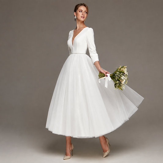 Lidia | Vestido de novia midi minimalista con escote en V y espalda abierta