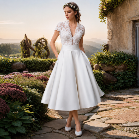 Andrea | Vestido de novia corto vintage con cuerpo de encaje y falda de raso