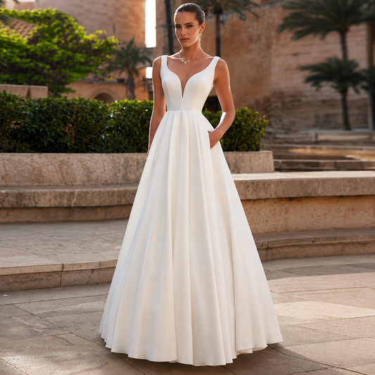 Nuria | Vestido de novia largo minimalista con escote en V y bolsillos