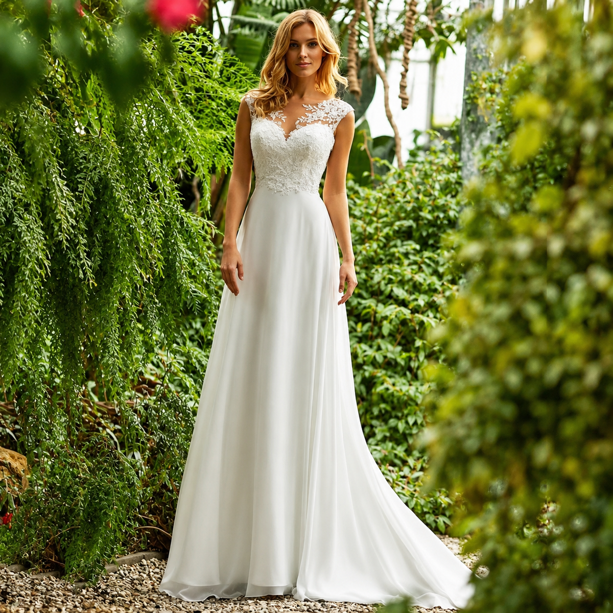Silvia | Vestido de novia largo boho con cuerpo de encaje y espalda transparente